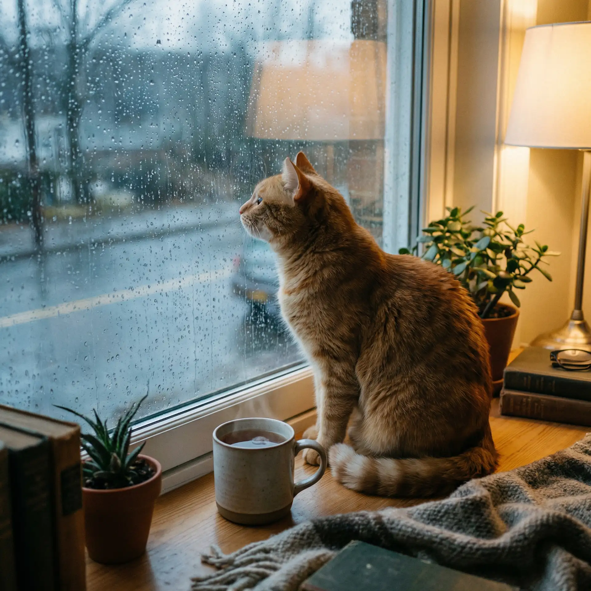猫咪望着窗外的雨 - 樱理惠